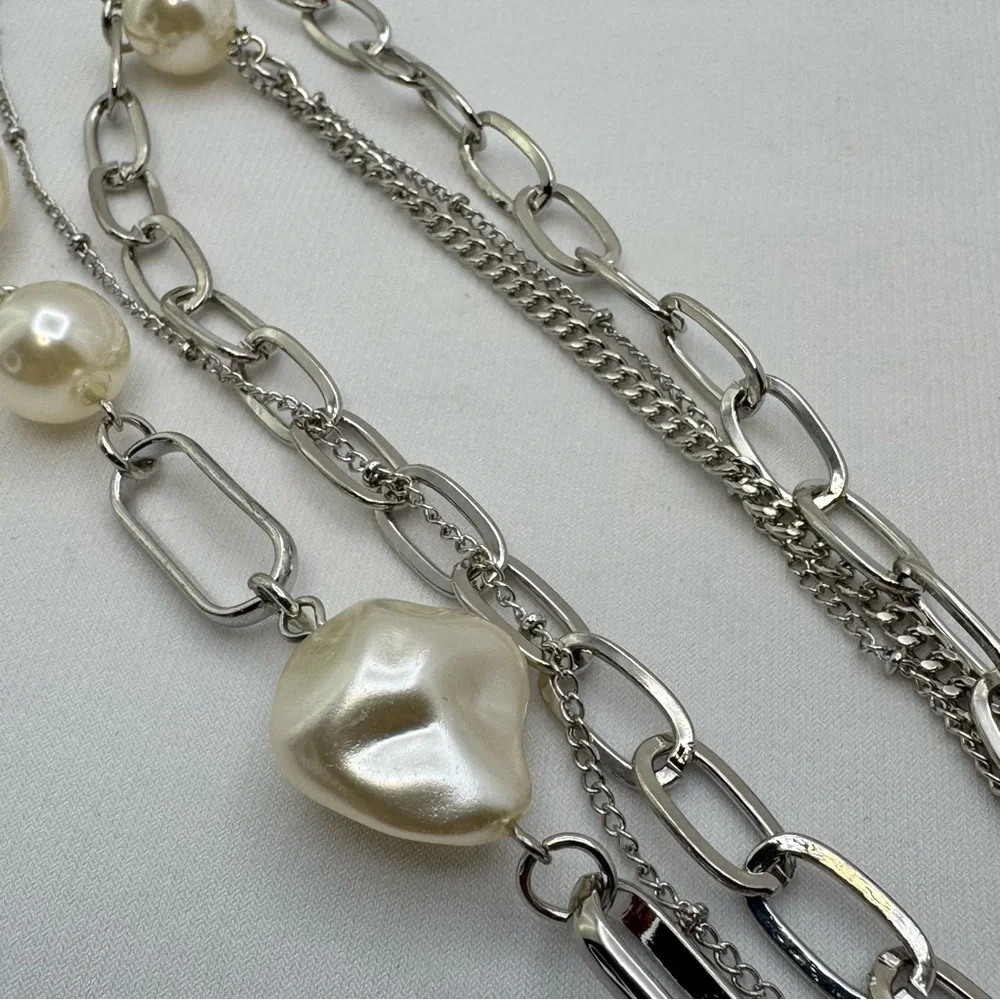 Layered Faux Pearl Chain Necklace Silver Modern Multi Chain Statement Necklace